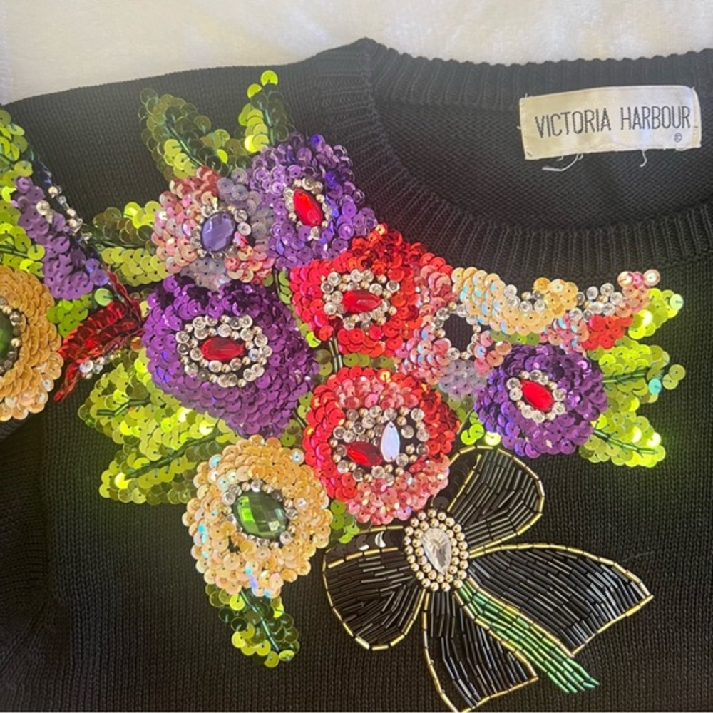 Vintage Victoria Harbor Floral Bow Sequined Jewelled Sweater Sz M See Msrmnt GVC